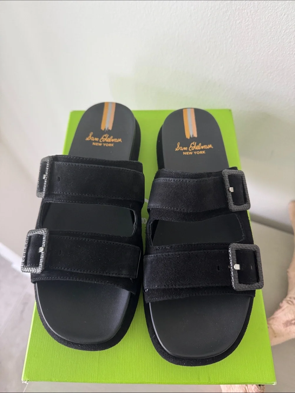 Sam Edelman Black Suede Double-Strap Buckle Slides - Picture 1 of 1